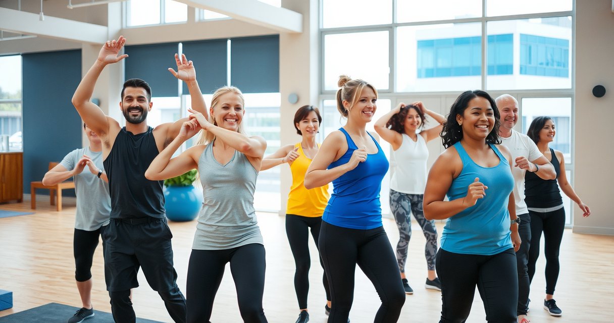 Group fitness class in modern studio at Playhuqa, showcasing energy and community